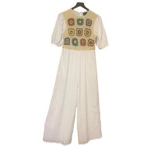 ASOS DESIGN White Crochet Granny Square Vest Jumpsuit with Puff Sleeves Size 6